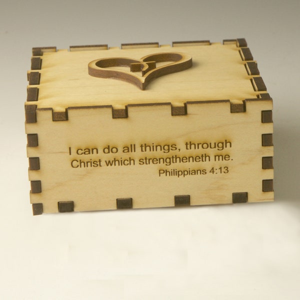 Cross in Heart Religious Jewelry Box, Wood Trinket Box, Wood Keepsake Box, Small Item Storage Box, Gift Box - With Scripture