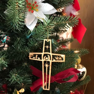 Exquisite Nativity Scene Cross Ornament -Genuine American Maple Hardwood