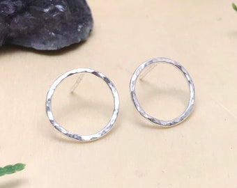 Hammered Circle Studs / Sterling Silver Stud Earrings / Sideways Hoops / Open Circle Earring / Minimal Hoop / Moon Earring / Simple Silver