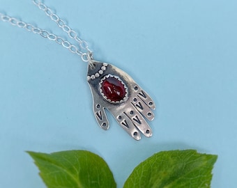 Garnet Hand Necklace / 18” / Sterling Silver Gemstone Talisman