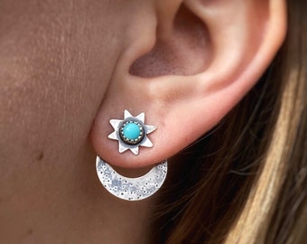 Turquoise Moon and Star Ear Jacket Set / Sterling Silver Turquoise Celestial Earrings / Polaris Jewelry / Earring Jackets