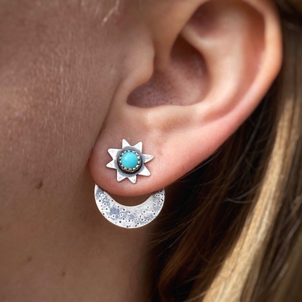 Turquoise Moon and Star Ear Jacket Set / Sterling Silver Turquoise Celestial Earrings / Polaris Jewelry / Earring Jackets