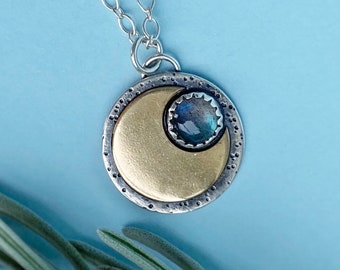 Labradorite Mini Moon Necklace / 18” / Sterling Silver & Brass Everyday Pendant / Handmade