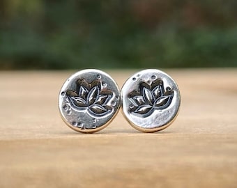 READY TO SHIP Stamped Lotus Flower Studs / Sterling Silver Earrings