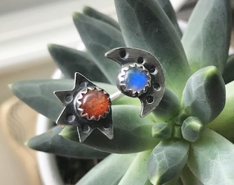 Sun & Moon Ring / Sunstone and Moonstone / Sterling Silver Open Adjustable Ring