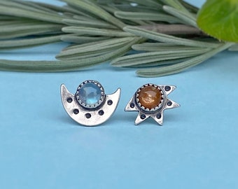 Sun & Moon Earrings / Sunstone and Moonstone / Sterling Silver Studs / Post Back / Asymmetrical Earrings / Sunstone Stud / Moonstone Earring