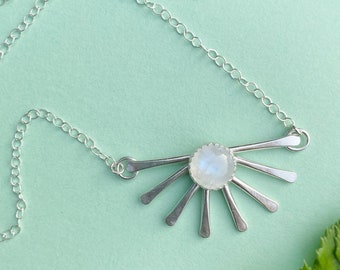 Rainbow Moonstone Fan Necklace / 16” / Sterling Silver Spike Pendant Choker