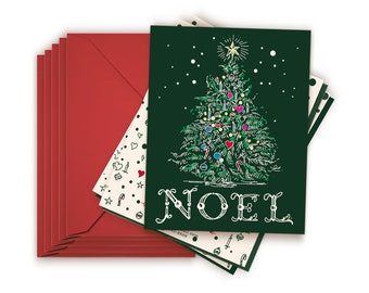 Noel-kerstboomkaart, handgetekende pen en inkt, rode envelop