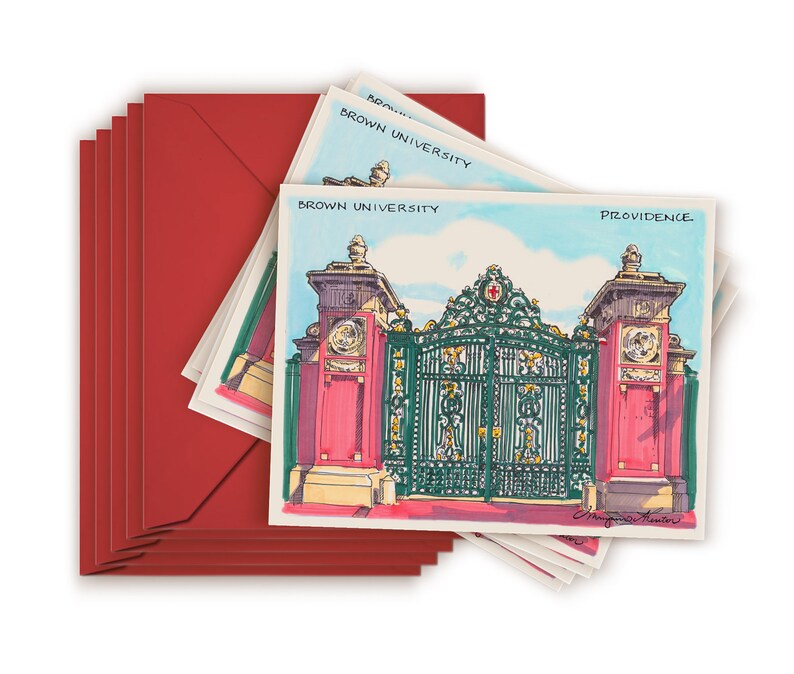 May include: A stack of red envelopes with a white card featuring a hand-drawn illustration of the entrance to Brown University in Providence, Rhode Island. The card reads "Brown University" and "Providence".
