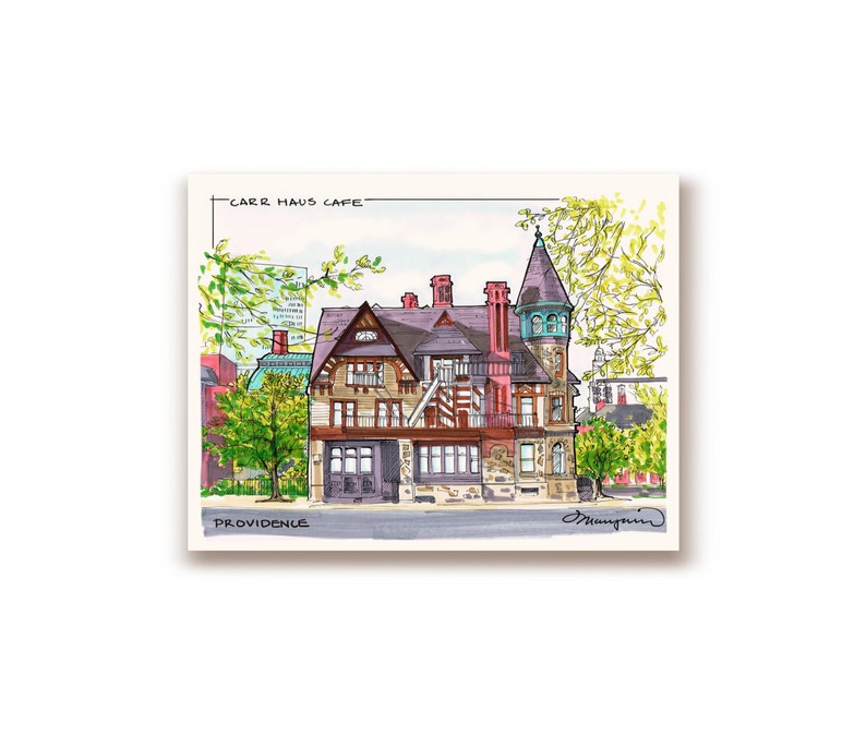 May include: A hand-drawn illustration of a building with a tower, labeled "Carr Haus Cafe" and "Providence". The building is drawn in a cartoon style with a brown brick exterior, a red roof, and green trees in front.