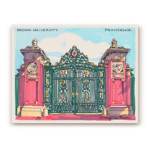 May include: A hand-drawn illustration of the entrance to Brown University in Providence, Rhode Island. The image features a large, ornate iron gate with a red cross at the top. The gate is flanked by two red brick towers with decorative details.