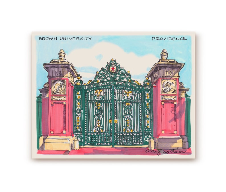 May include: A hand-drawn illustration of the entrance to Brown University in Providence, Rhode Island. The image features a large, ornate iron gate with a red cross at the top. The gate is flanked by two red brick towers with decorative details.