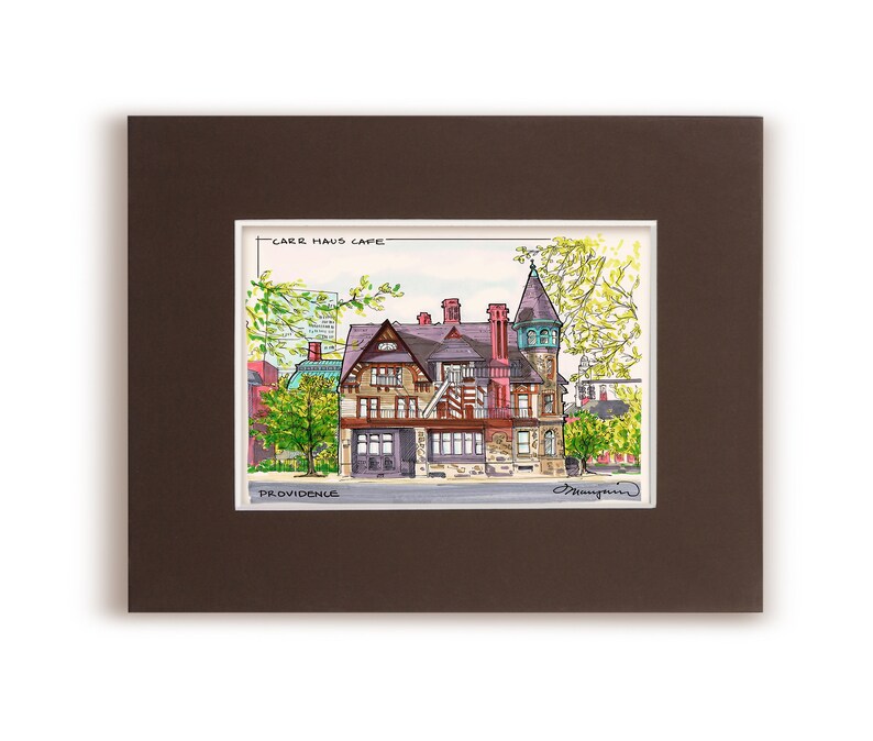 May include: A watercolor illustration of a building with a sign that reads "Carr Haus Cafe" and "Providence". The building is a multi-story structure with a tower and a porch. The illustration is framed in a brown mat.