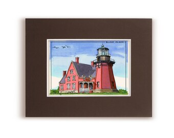 Block Island Southeast Light, Rhode Island, Little Rhody, greeting card, blank card, souvenir, art illustration, art prints, handmade art