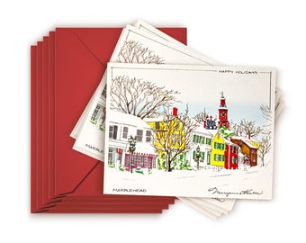 Biglietto di auguri natalizio di Marblehead, MA, stampa artistica con disegno a penna e inchiostro