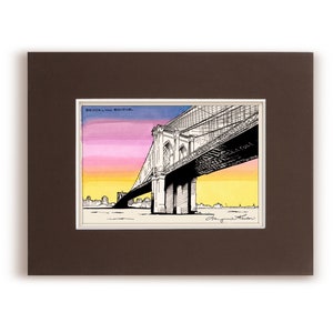 Sunset Brooklyn Bridge, Biglietto di auguri, New York City, Dumbo, East River, Manhattan, Brooklyn Heights, Penna e inchiostro, Pennarello, Illustrazione