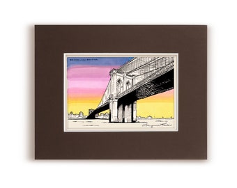 Ilustración del atardecer en el puente de Brooklyn, tarjeta de felicitación de Nueva York