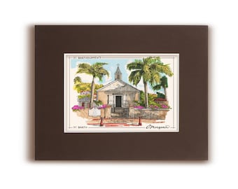 St Barts Church Art Print, Gustavia, Hand Drawn, Matted