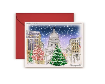 Tarjeta navideña del Capitolio de Madison, Wisconsin, con una lámina artística de una escena invernal.