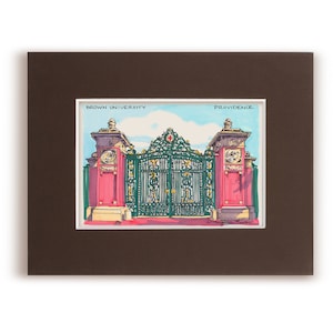 May include: A hand-drawn illustration of the entrance to Brown University in Providence, Rhode Island. The image depicts a large, ornate iron gate with a red brick archway on either side. The gate is topped with a crest featuring a red cross.