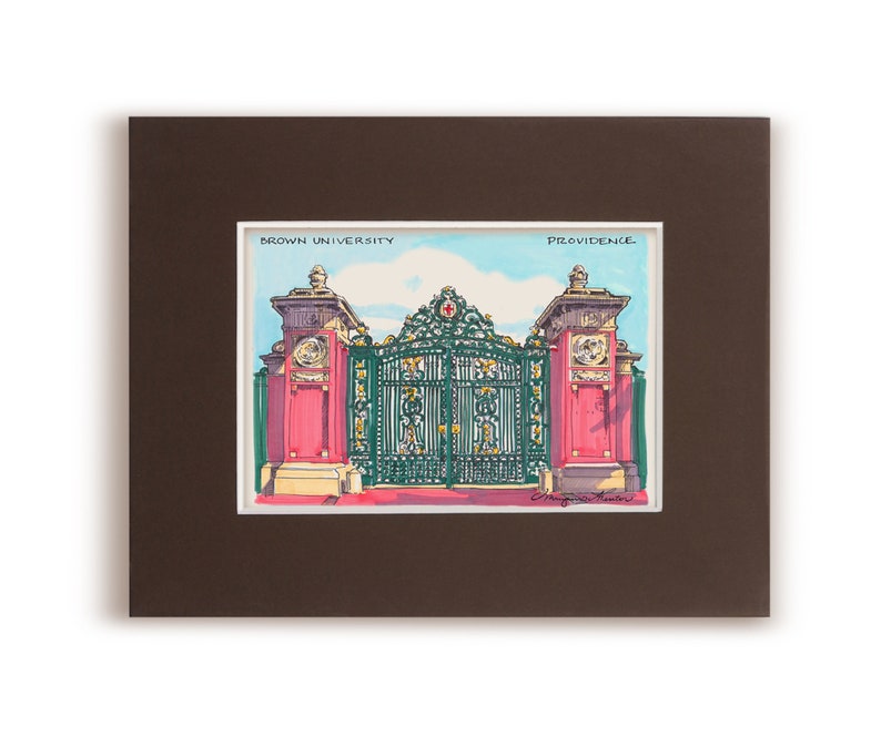 May include: A hand-drawn illustration of the entrance to Brown University in Providence, Rhode Island. The image depicts a large, ornate iron gate with a red brick archway on either side. The gate is topped with a crest featuring a red cross.