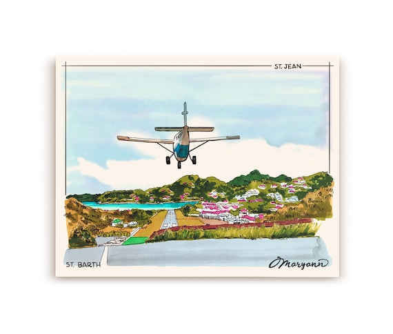 St Barths Airport Art Print, Airplane Landing, Hand Drawn