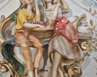 Vintage Romantic Wall Plaque – Man & Woman with Grape Basket – Painted Hard Plastic (Possibly Bakelite)