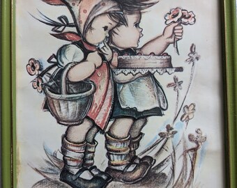 Vintage Hummel Print in Green Frame - Vintage Hummel's