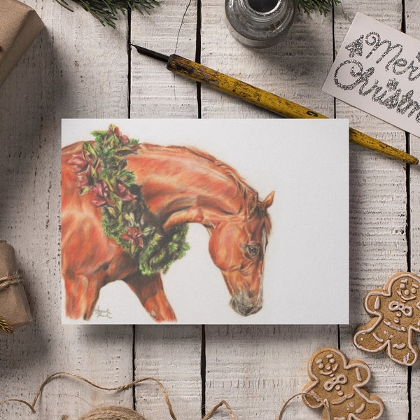 Art Card of Original Colored Pencil Drawing, Christmas, 5" x 7", Folded Greeting Card, Blank Inside, Horse Artwork, Gift for the Horse Lover