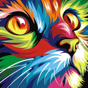 May include: A colorful abstract painting of a cat's face. The cat's eye is bright yellow with red and orange accents. The fur is painted in a variety of colors, including blue, green, red, and yellow.