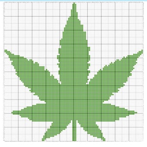 May include: A green marijuana leaf design on a white grid background. The leaf is made up of individual squares.
