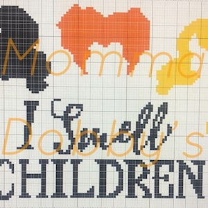 May include: Cross-stitch pattern featuring three witches with the text "I Love Dolly's Children". The witches are represented by black, orange, and yellow thread.