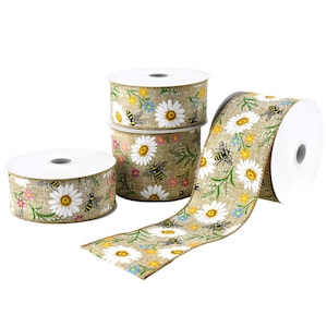 Printed Bees and Spring Flowers Wired Ribbon, 10-yard