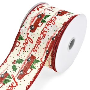 Ivory Linen Christmas Truck Script Wired Ribbon, 2-1/2-Inch, 10-Yard