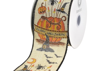 Halloween Centerpiece Faux Linen Wired Ribbon, Natural, 2-1/2-inch, 10-yard