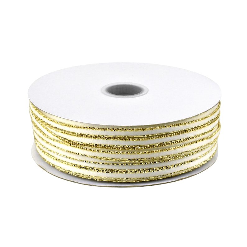 May include: A spool of white satin ribbon with gold metallic trim. The ribbon is wound around a white cardboard spool.