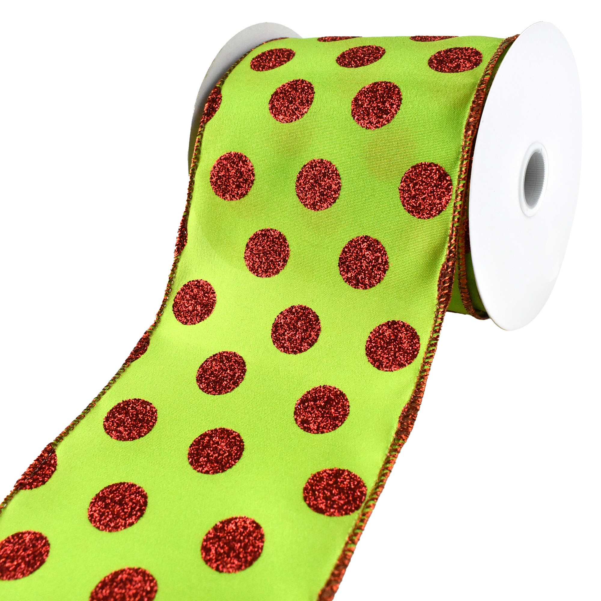 Red Satin Lime Green Polka Dots 2.5 RBTY Wired Ribbon Christmas Whymsical  Elf