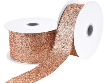 Christmas Rose Gold All Glitter Wired Ribbon, 10-Yard