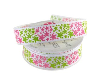 Glitter Stars White Grosgrain Ribbon, Hot Pink/Lime, 7/8-Inch, 3-Yard