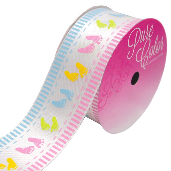 Baby Footprint Satin Ribbon - 1.5 Inch Wide 3 Yard Length Pastel Baby Shower Decoration