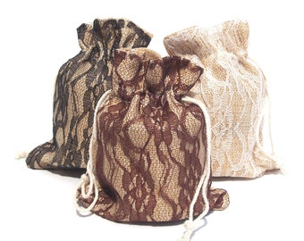 Faux Burlap Lace Overlay Gift Bags, 6-pack, 5-Inch x 6-1/2-Inch