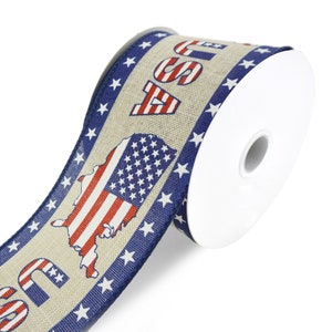 United States of America Outline Faux-Linen Wired Ribbon, Natural, 2-1/2-Inch, 10-Yard