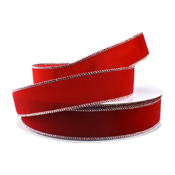 Christmas Velvet Wired Edge Ribbon, Red/Silver, 2-1/2-Inch, 50-Yard
