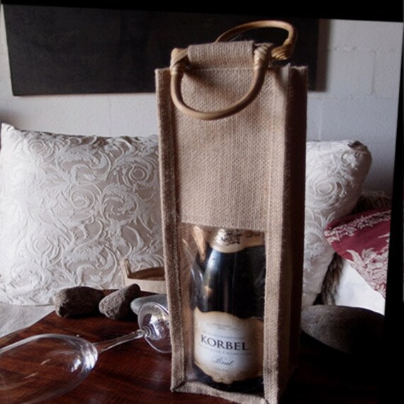 Clear Window Jute Wine Bag Wooden Handle 1 Bottle 14 inch 5