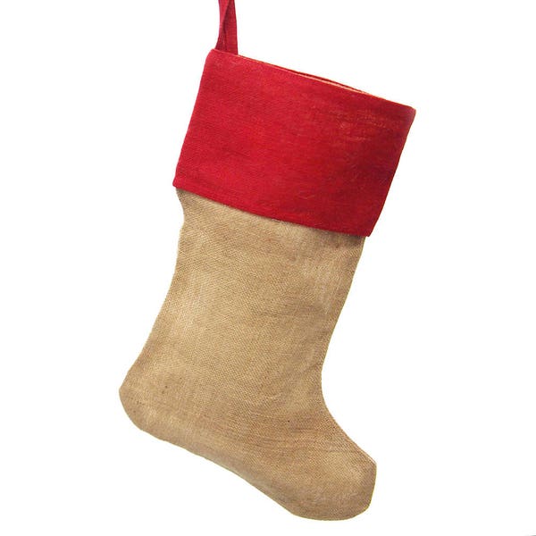 Natural Burlap Christmas Stockings w/ Red Cuff, 24-Inch