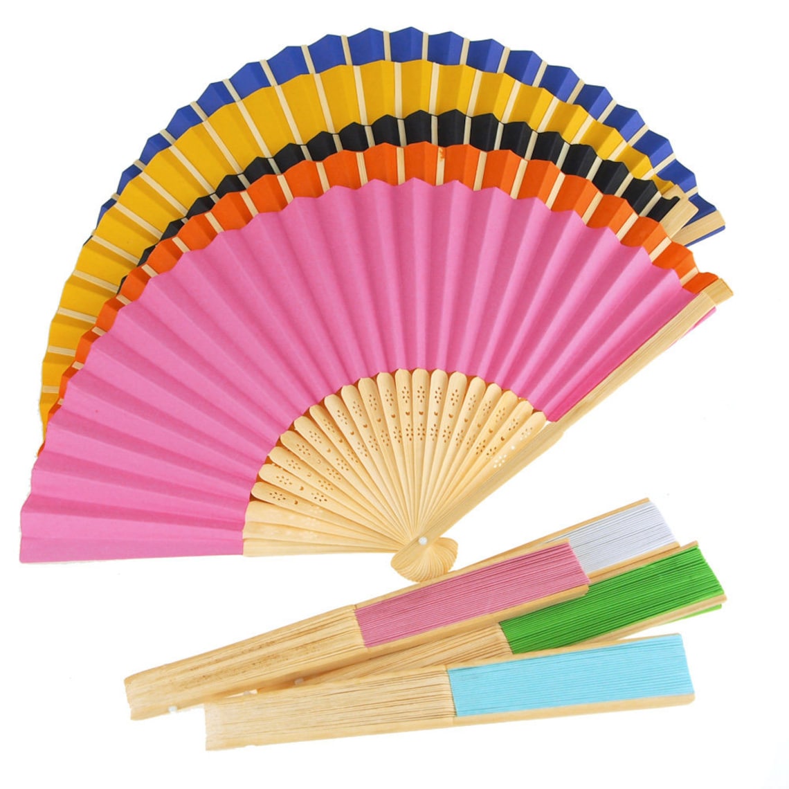 Paper Folding Hand Fan W/ Wooden Handle 8inch Etsy