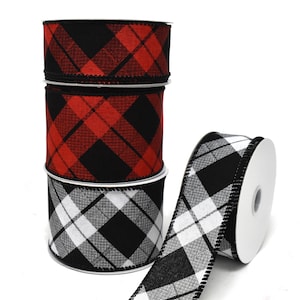Diagonal Plaid Patterned Wired Ribbon, 10-Yard