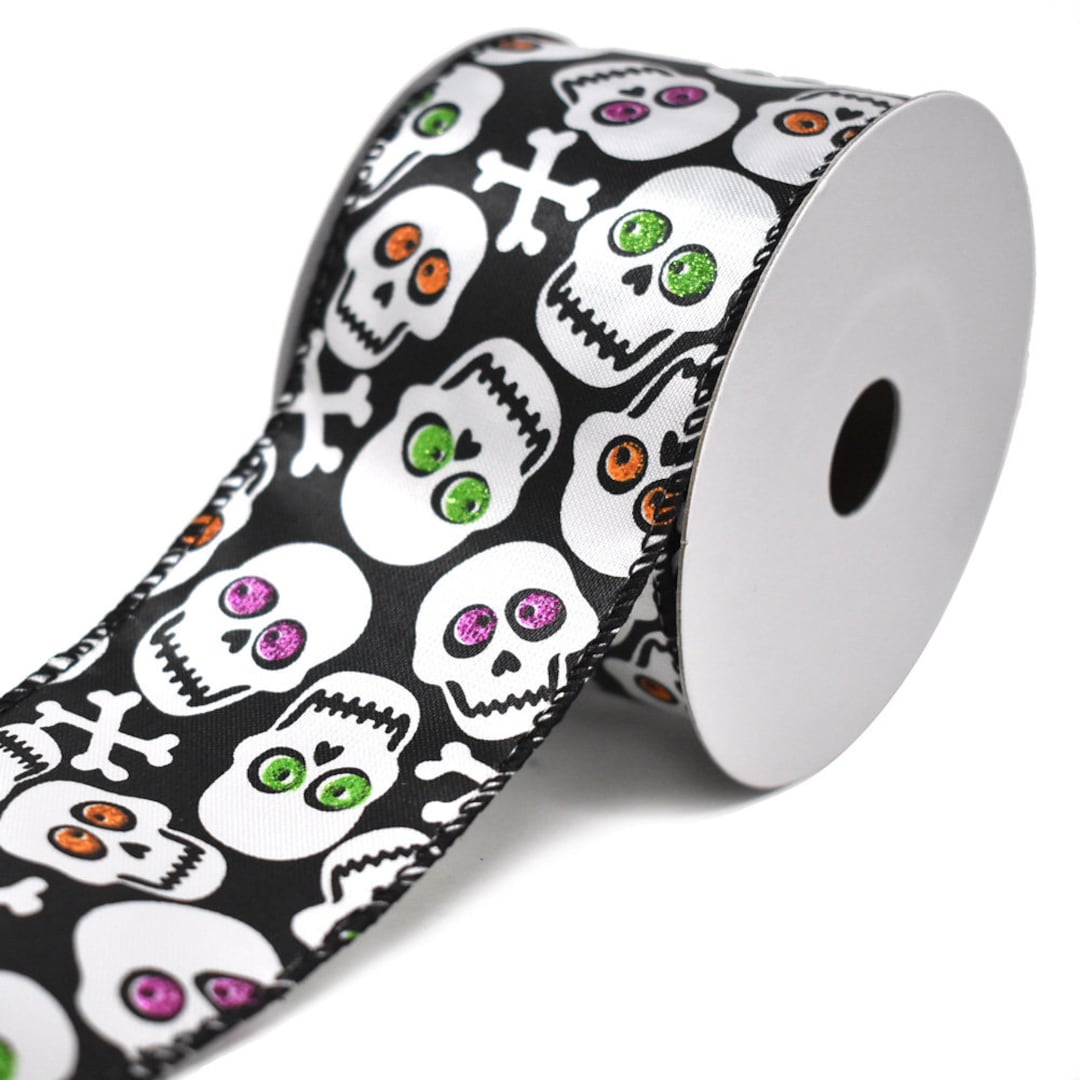 Glitter Crazy Skull and Cross Bone Satin Wired Ribbon Etsy
