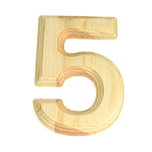 Pine Wood Beveled Wooden Number 5, Natural, 5-13/16-Inch