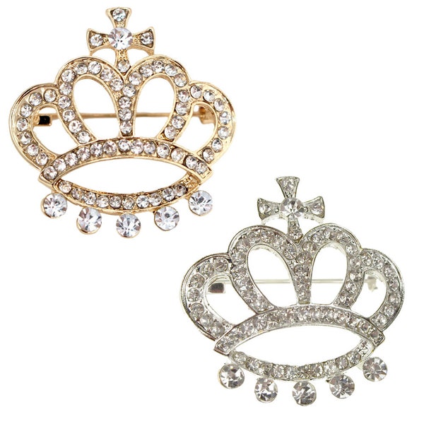 Rhinestone Queen Crown Brooch Pin, 1-1/2-Inch